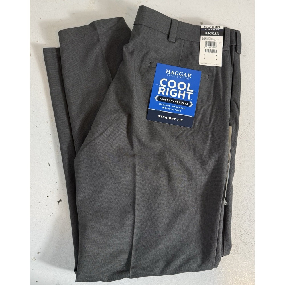 Haggar Cool Right Performance Flex Pants Mens 38x32 Gray Straight Fit Dress